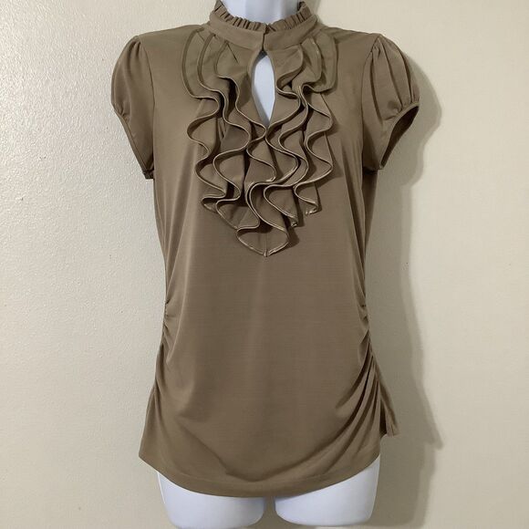 Vintage Y2K Tan Ruffle Preppy Academia Twee Coquette Casual Academic Blouse M - Picture 1 of 8